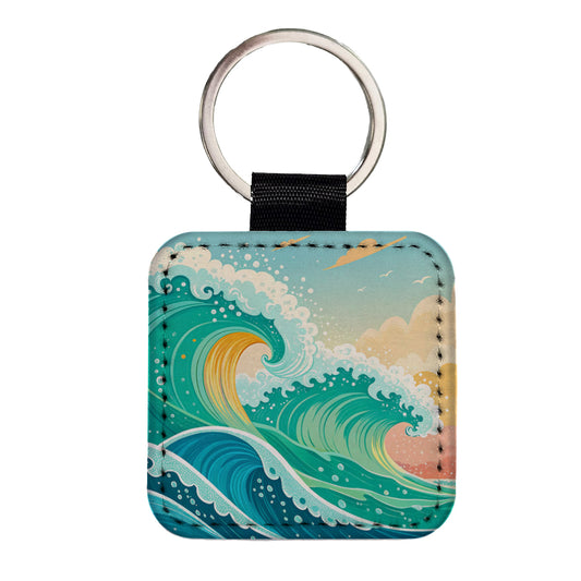 Groovy Ocean Waves Colorful Square Faux Leather Keychain