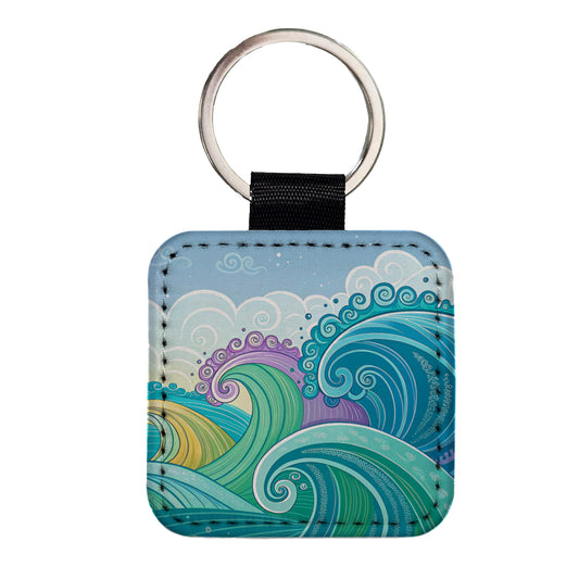 Groovy Ocean Waves Square Faux Leather Keychain
