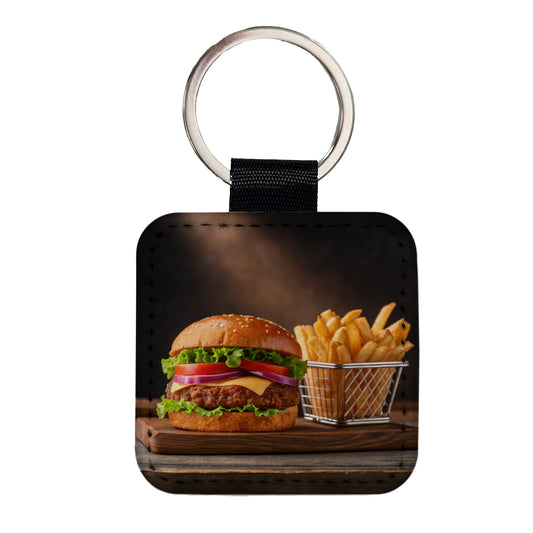 Hamburger And Fries Yummy Dinner Square Faux Leather Keychain
