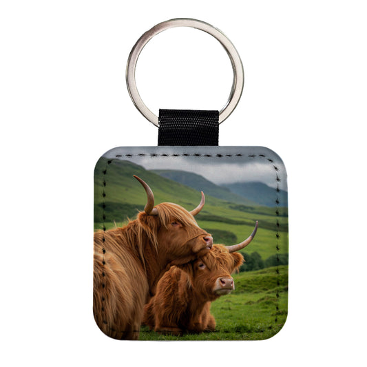 Highland Cows Hug Love Square Faux Leather Keychain