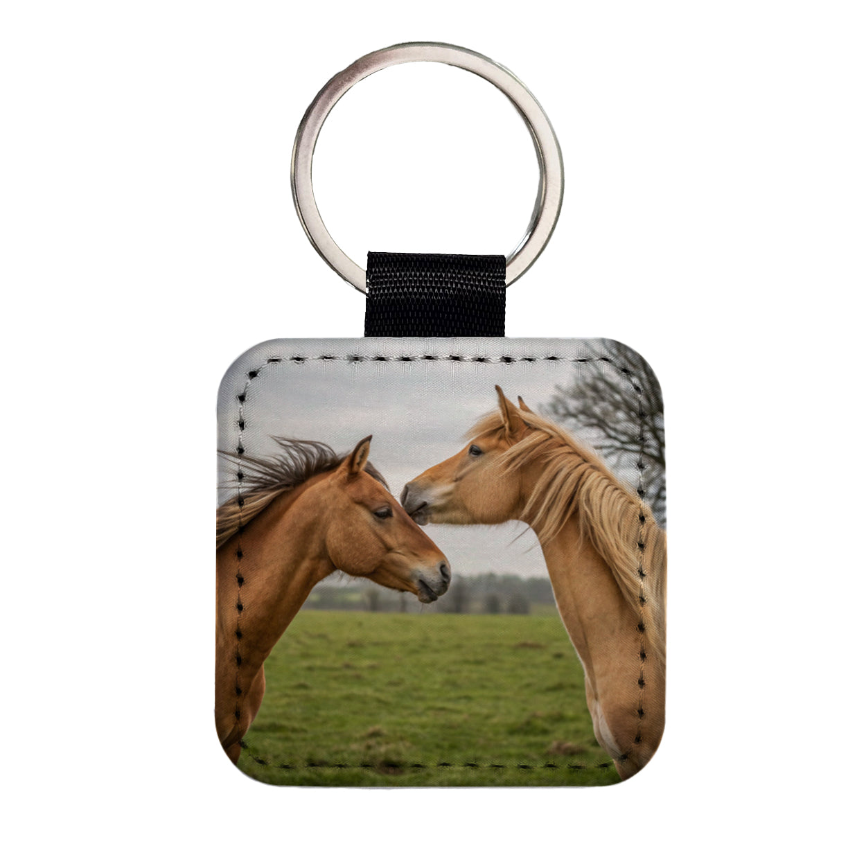 Horses Love Friends Square Faux Leather Keychain