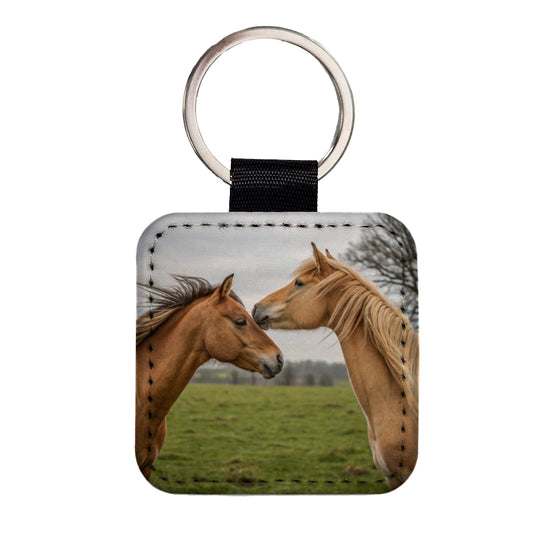 Horses Love Friends Square Faux Leather Keychain