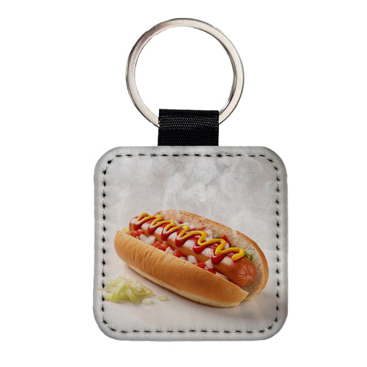 Hot Dog Ketchup Mustard Onions Square Faux Leather Keychain