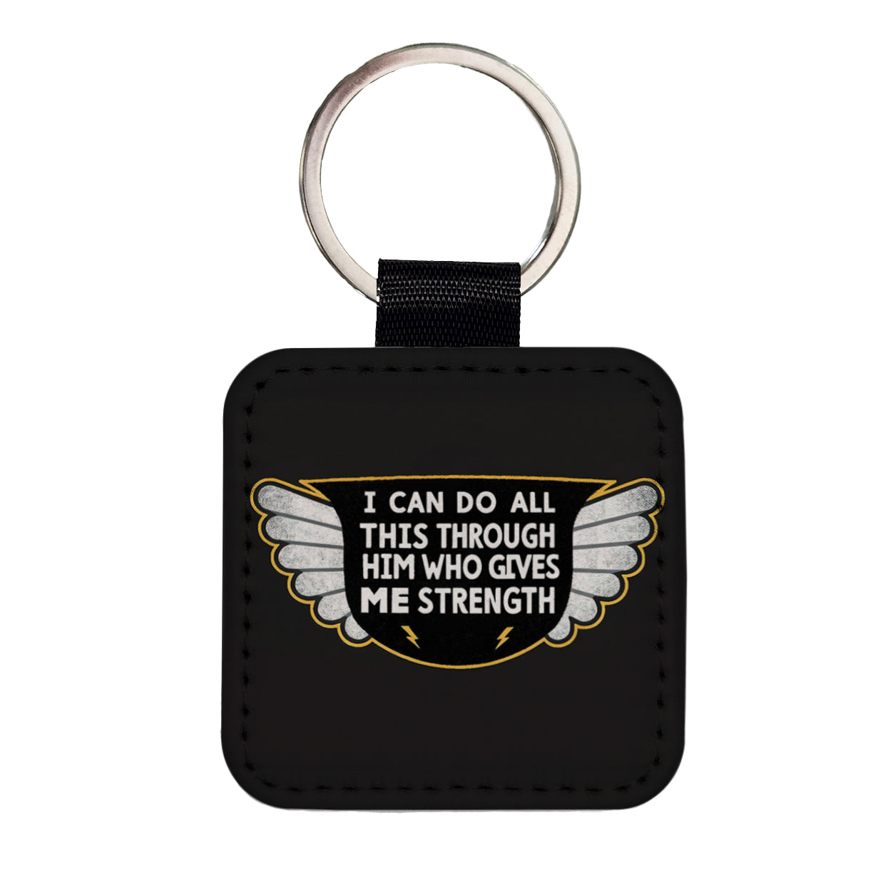 I Can Do All This Through Him Who Gives Me Strength Bible Verse Square Faux Leather Keychain