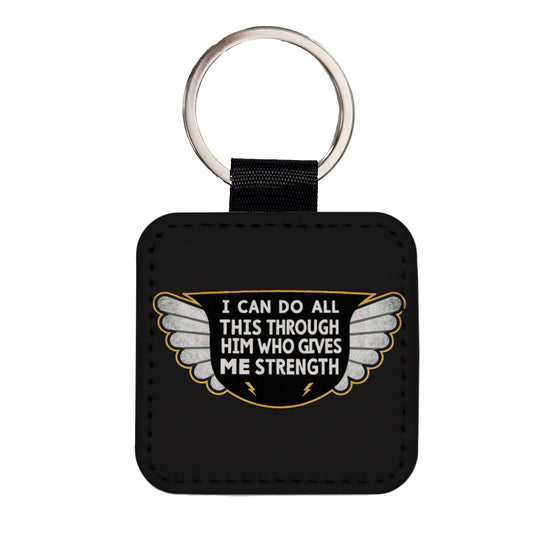 I Can Do All This Through Him Who Gives Me Strength Bible Verse Square Faux Leather Keychain