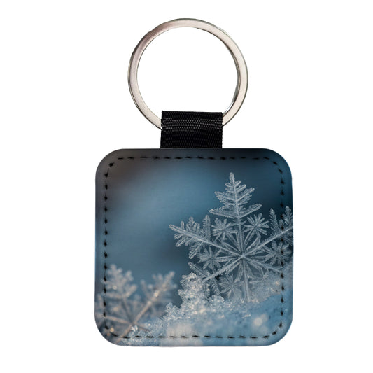 Ice Crystals Close Up Icy Snowflake Square Faux Leather Keychain