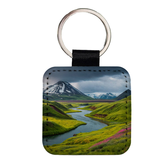 Iceland Beautiful Mountains Square Faux Leather Keychain