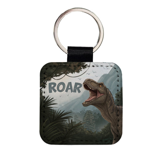 Iguanodon Roar Bold Text Dinosaur Square Faux Leather Keychain