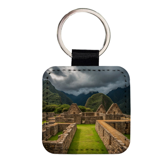 Incan Ruins Landmark Square Faux Leather Keychain
