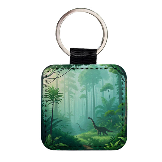 Jurassic Jungle Dinosaurs Square Faux Leather Keychain