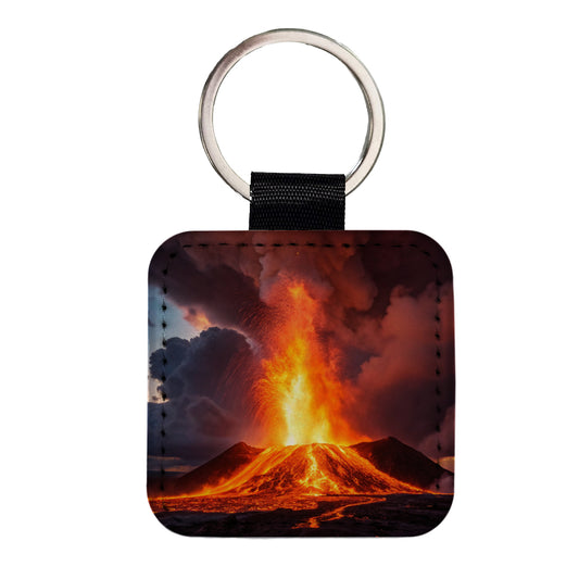 Kilauea Volcano Erupting Lava Hawaii Square Faux Leather Keychain