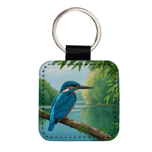 Kingfisher Bird On Branch Square Faux Leather Keychain