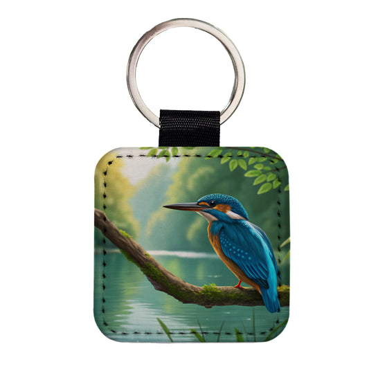 Kingfisher Blue Bird Square Faux Leather Keychain