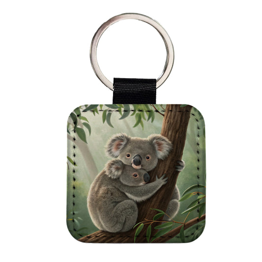 Koala Hug Mom Kid Square Faux Leather Keychain