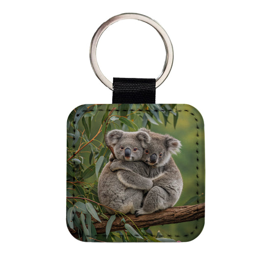 Koalas Hugging Love Square Faux Leather Keychain