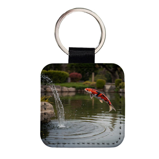 Koi Fish Jumping Out Of Pond Square Faux Leather Keychain