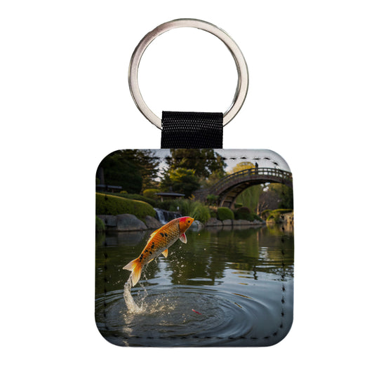 Koi Fish Jumping Square Faux Leather Keychain