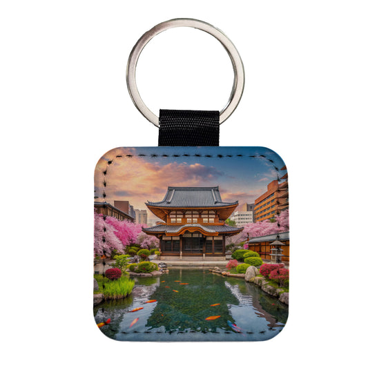 Kyoto Japan Koi Pond Square Faux Leather Keychain