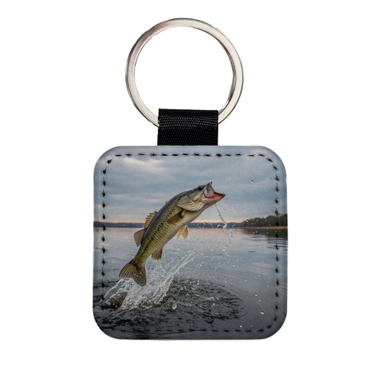 Largemouth Bass Fish Jumping Fishing Awesome Square Faux Leather Keychain