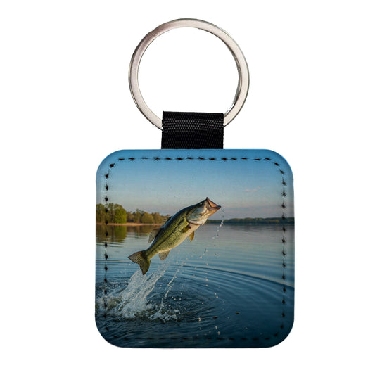 Largemouth Bass Fish Jumping Fishing Square Faux Leather Keychain