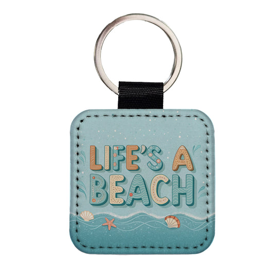 Life's A Beach Sea Foam Ocean Square Faux Leather Keychain