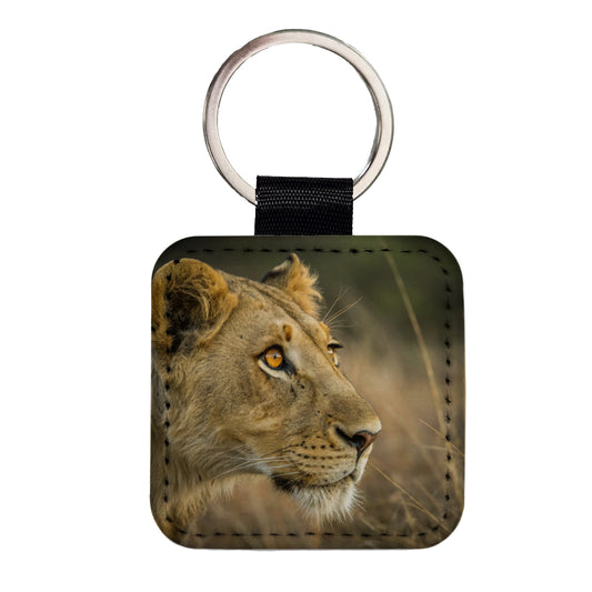 Lion Eyes Close Up Square Faux Leather Keychain