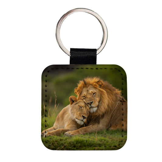 Lions Hugging Love Square Faux Leather Keychain