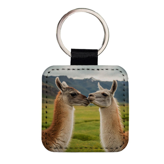 Llamas Kissing Love Square Faux Leather Keychain