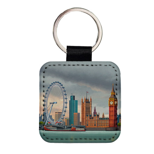 London England Big Ben Square Faux Leather Keychain