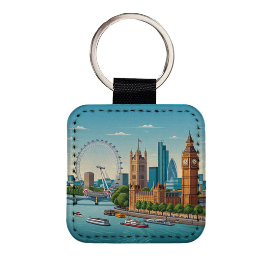 London England Drawing Travel Square Faux Leather Keychain