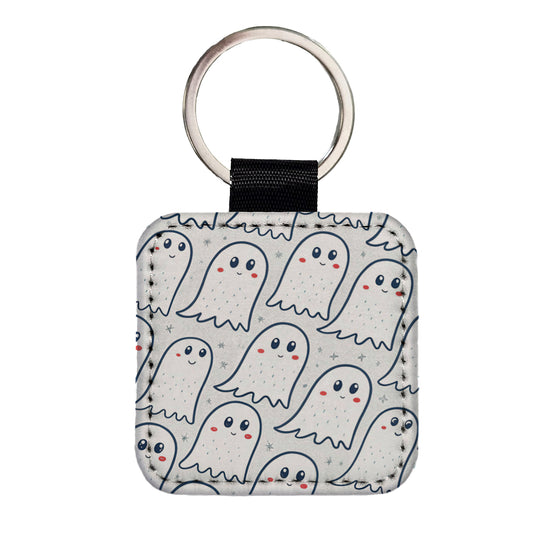 Lots Of Ghosts Halloween Square Faux Leather Keychain