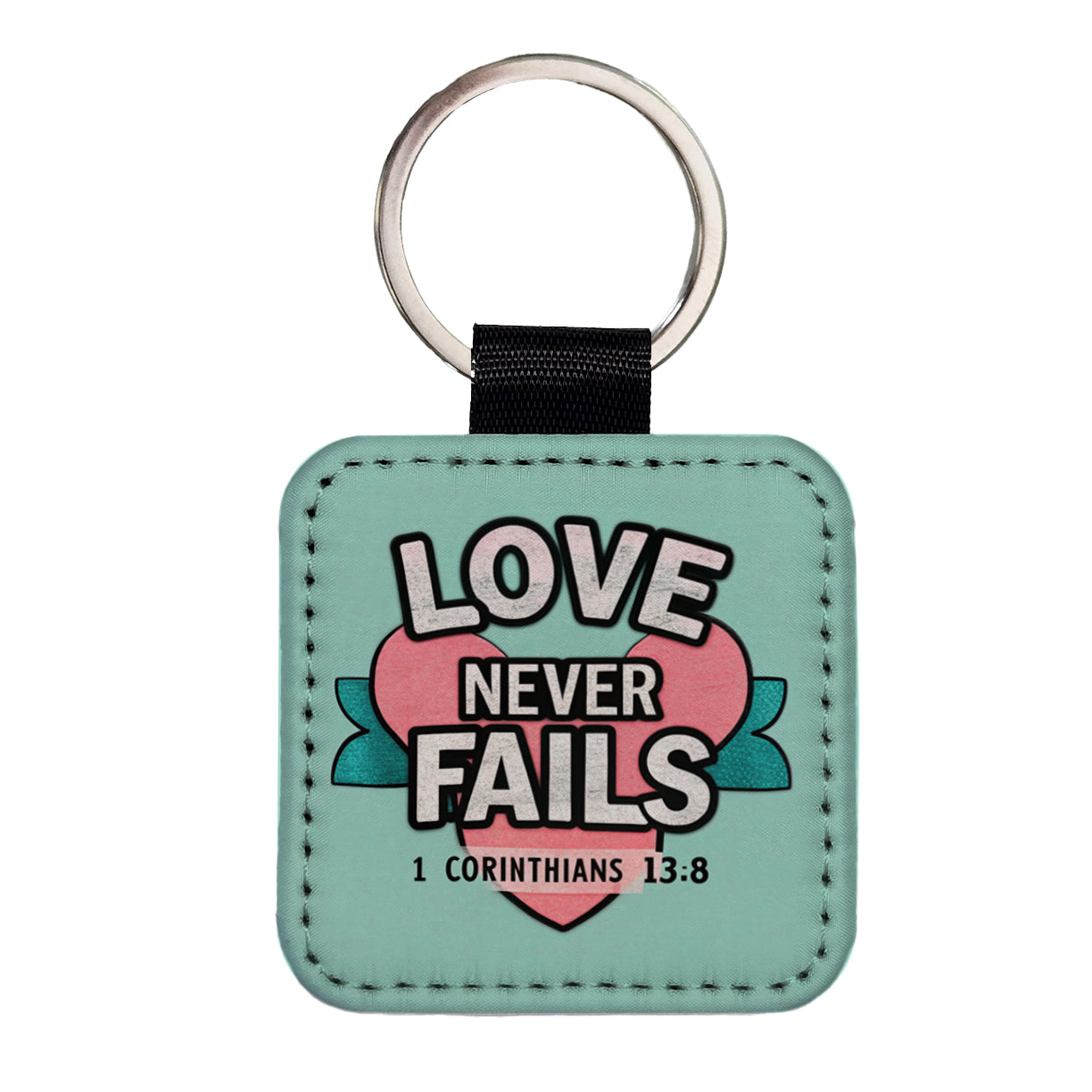Love Never Fails Corinthians Bible Verse Square Faux Leather Keychain
