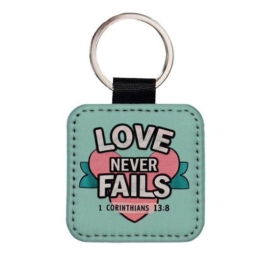 Love Never Fails Corinthians Bible Verse Square Faux Leather Keychain