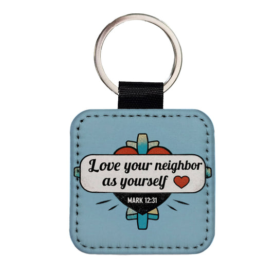 Love Your Neighbor As Yourself Mark Bible Verse Square Faux Leather Keychain