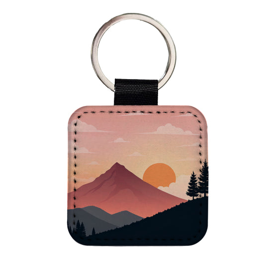 Lovely Mountain Sunset Square Faux Leather Keychain