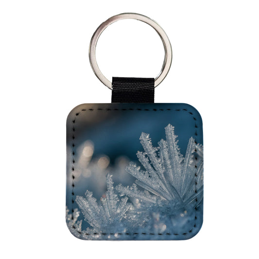 Macro View Icy Crystals Snow Flakes Square Faux Leather Keychain