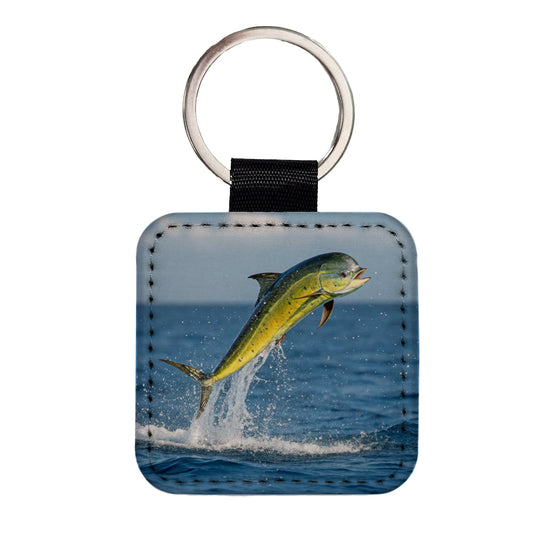 Mahi Mahi Fish Jumping Fishing Square Faux Leather Keychain