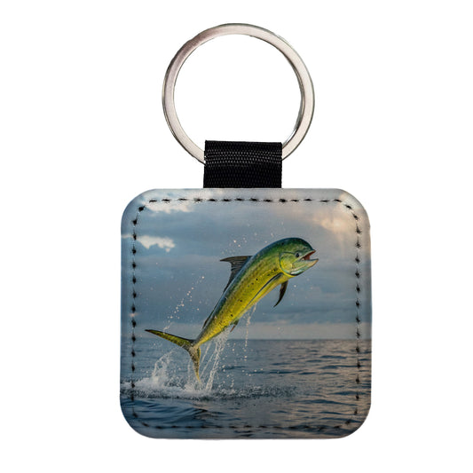 Mahi Mahi Fish Jumping Ocean Fishing Square Faux Leather Keychain