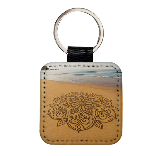 Mandala Pattern Beach Sand Square Faux Leather Keychain
