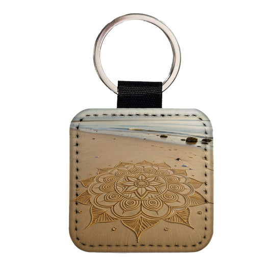 Mandala Pattern Drawn Into Beach Sand Square Faux Leather Keychain