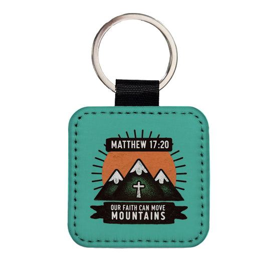Matthew Our Faith Can Move Mountains Bible Verse Square Faux Leather Keychain