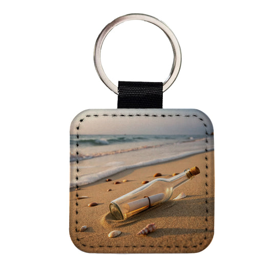 Message In A Bottle Beach Ocean Square Faux Leather Keychain