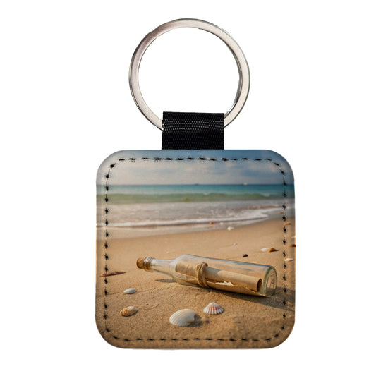 Message In A Bottle On Beach Square Faux Leather Keychain
