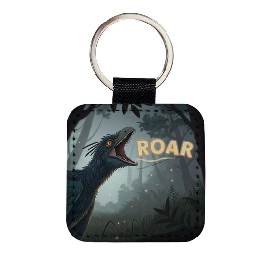 Microraptor Bold Roar Dinosaur Square Faux Leather Keychain