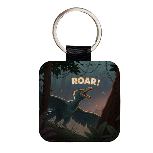 Microraptor Roar Dinosaur Square Faux Leather Keychain