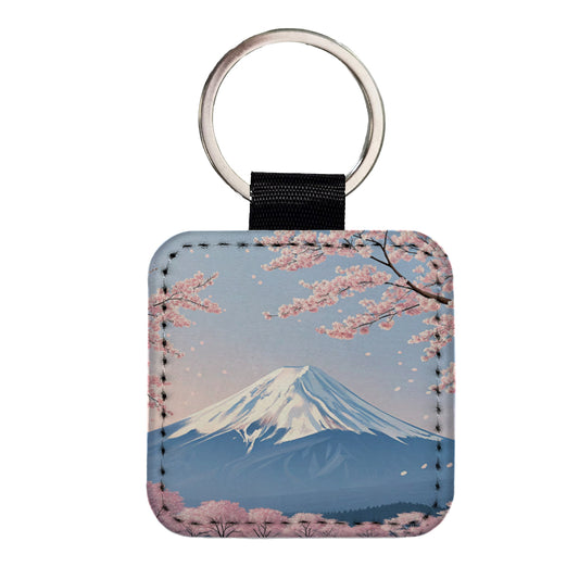 Mount Fuji Japan Cherry Blossom Trees Square Faux Leather Keychain