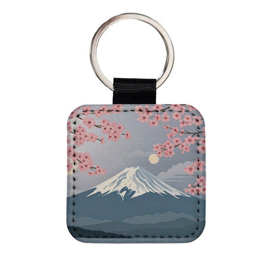 Mount Fuji Japan Drawing Cherry Blossoms Beautiful Square Faux Leather Keychain