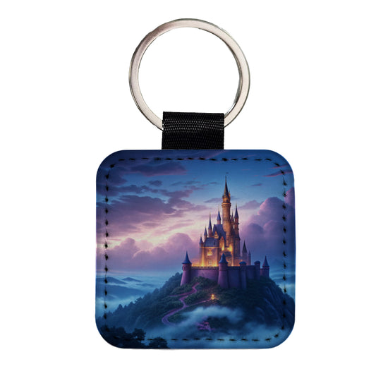 Mountaintop Castle Beautiful Fantasy Square Faux Leather Keychain