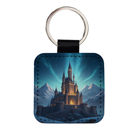 Mountaintop Castle Lights At Night Square Faux Leather Keychain