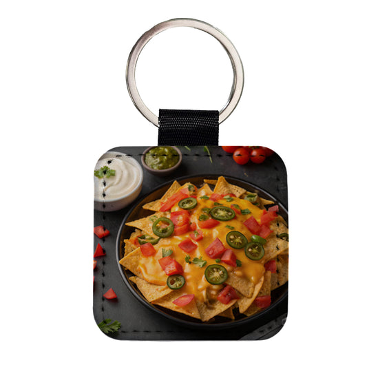 Nachos Chips Salsa Cheese Mexican Square Faux Leather Keychain